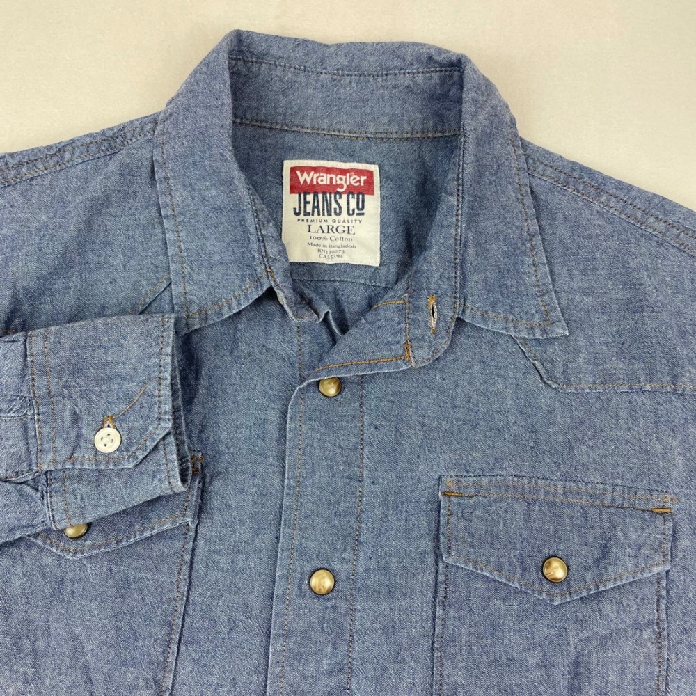 Wrangler Jeans Co Mens Large Blue Chambray Western Snap Front Work Shirt L